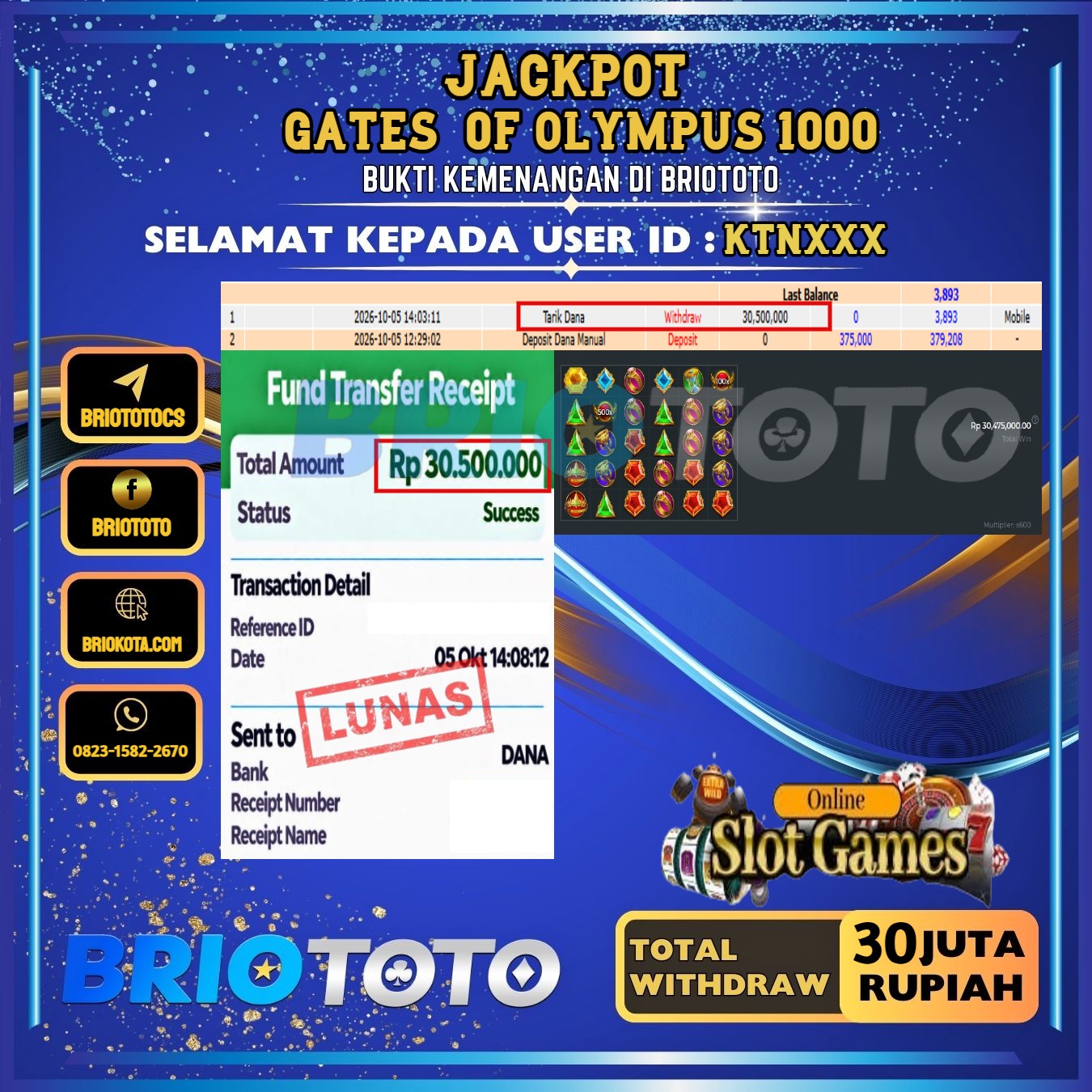 BRIOTOTO JACKPOT SLOT GATES OF OLYMPUS 1000 RP.30.000.000,- LUNAS USER ID : KTN****