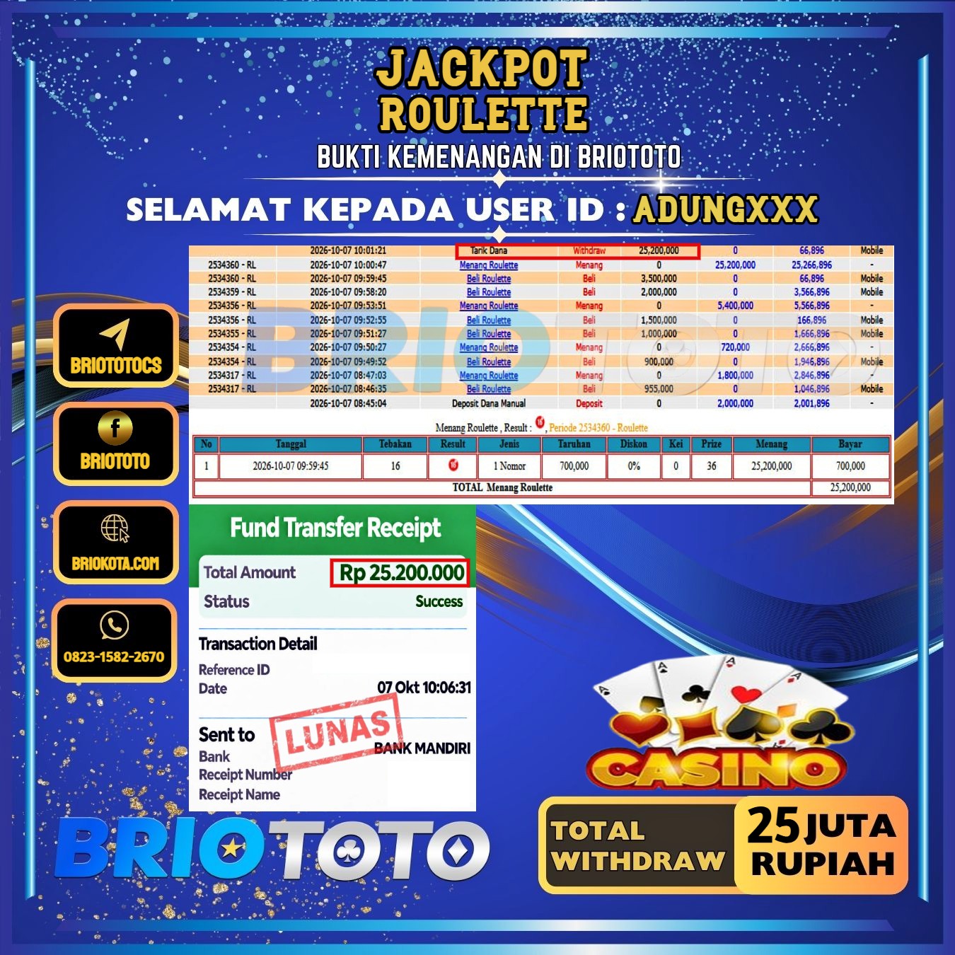 BRIOTOTO JACKPOT LIVE GAME ROULETTE RP.25.000.000,- LUNAS USER ID : ADUNG***