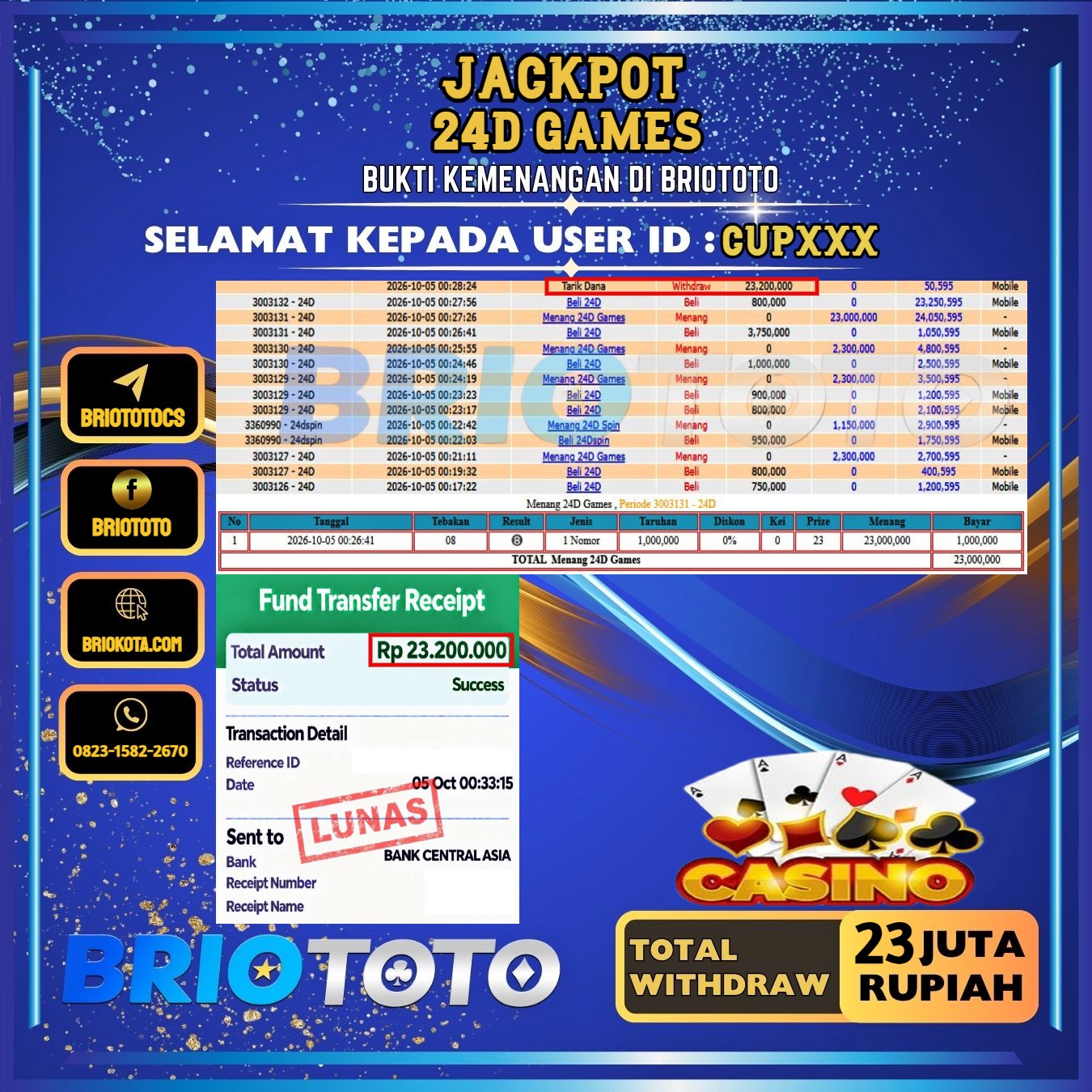 BRIOTOTO JACKPOT LIVE GAME 24D GAMES RP.23.000.000,- LUNAS USER ID : CUP***