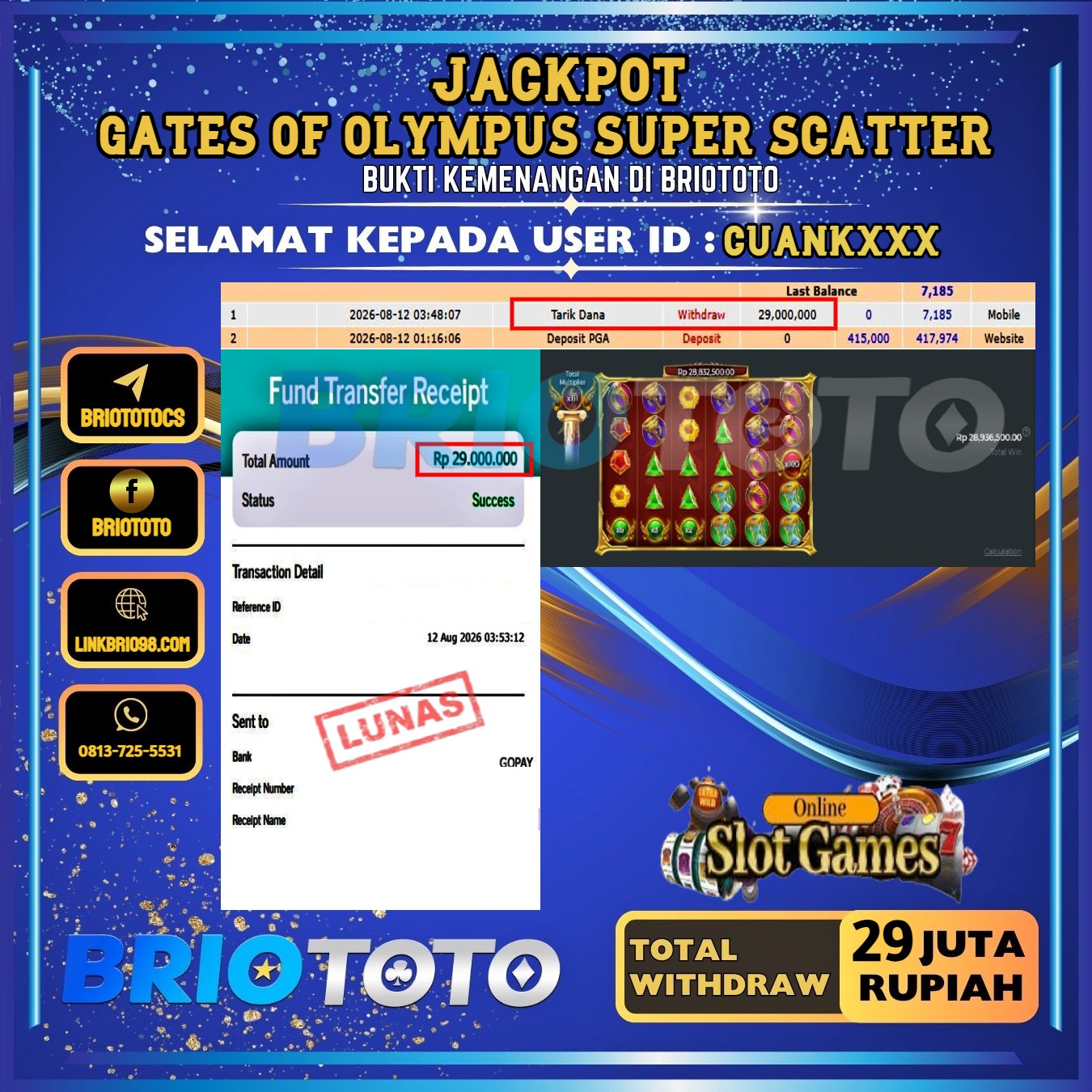 BRIOTOTO JACKPOT SLOT GATES OF OLYMPUS SUPER SCATTER RP.29.000.000,- LUNAS USER ID : CUANK***