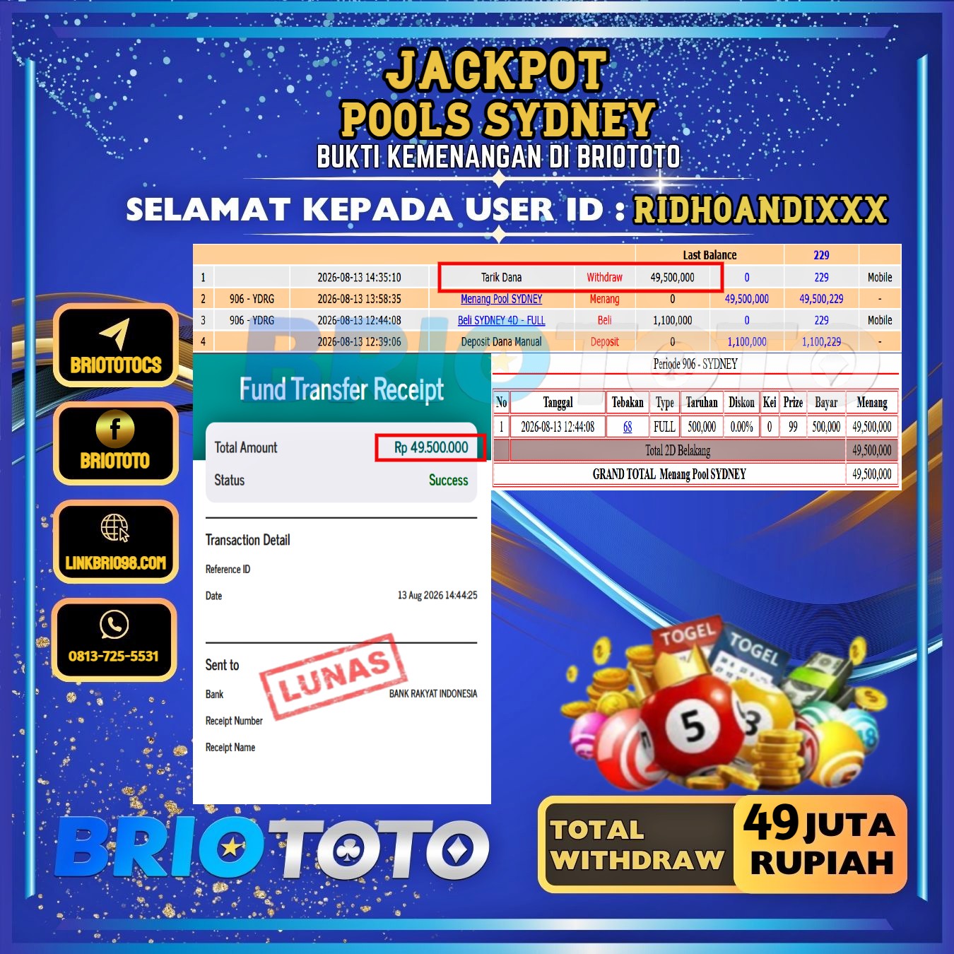 BRIOTOTO JACKPOT TOGEL SYDNEY RP.49.000.000,- LUNAS USER ID : RIDHOANDI***