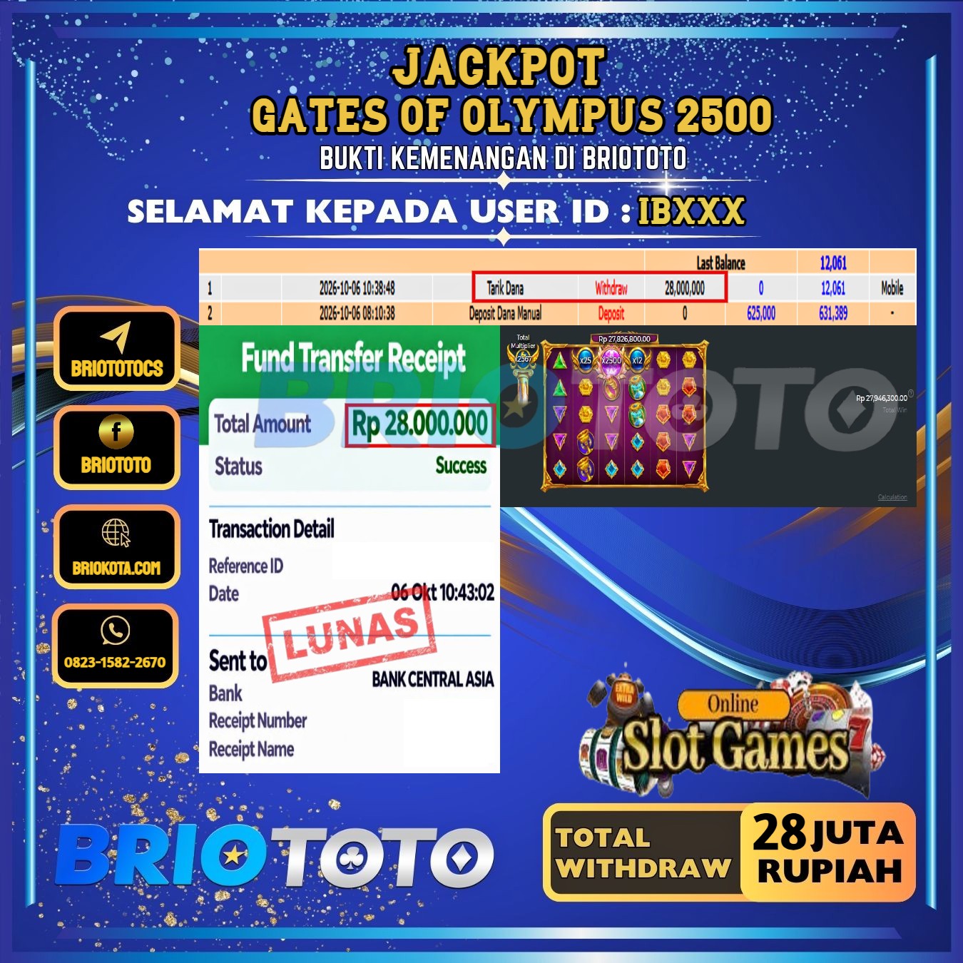 BRIOTOTO JACKPOT SLOT GATES OF OLYMPUS 2500 RP.28.000.000,- LUNAS USER ID : IB***