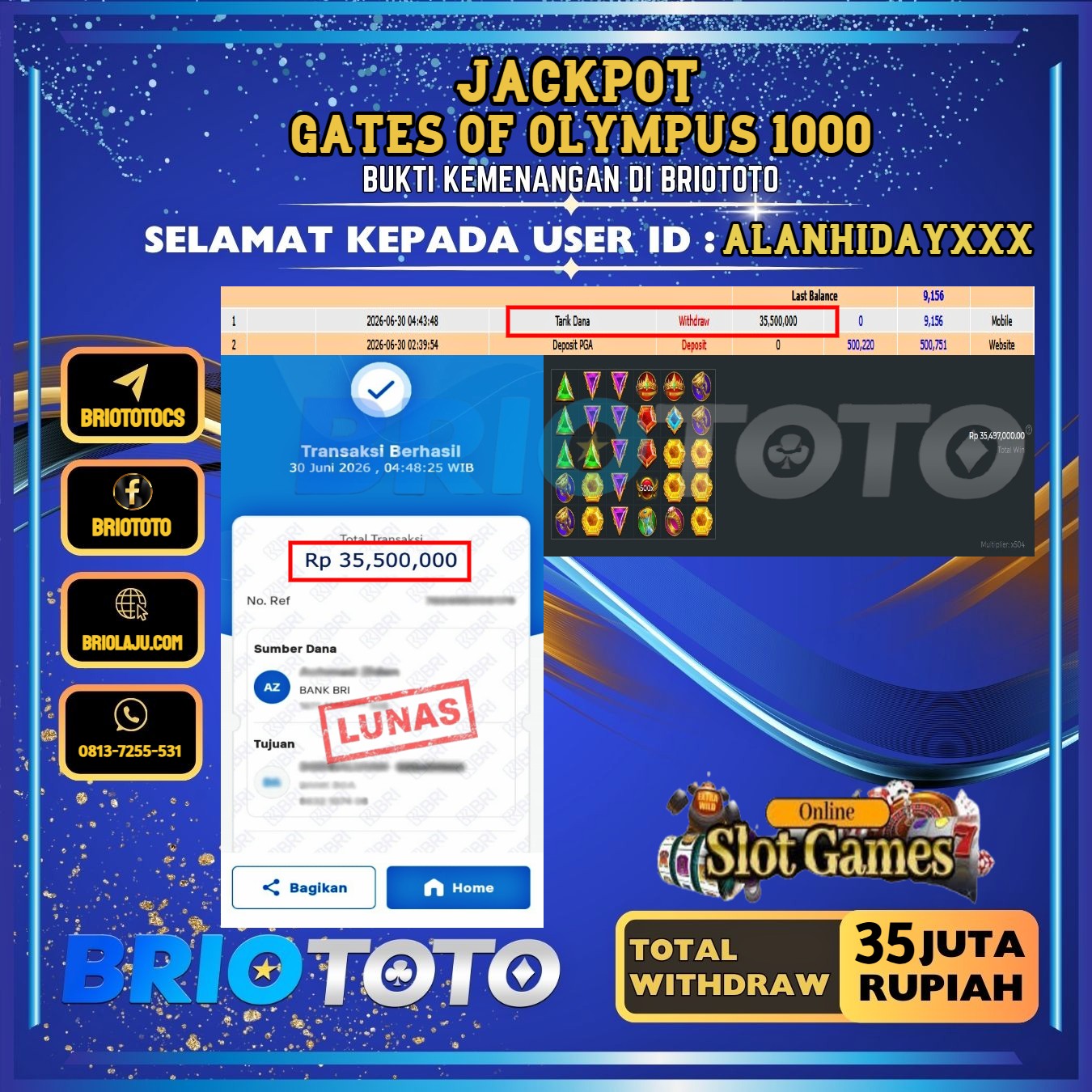 BRIOTOTO JACKPOT SLOT GATES OF OLYMPUS 1000 RP.35.000.000,- LUNAS USER ID : ALANHIDAY****