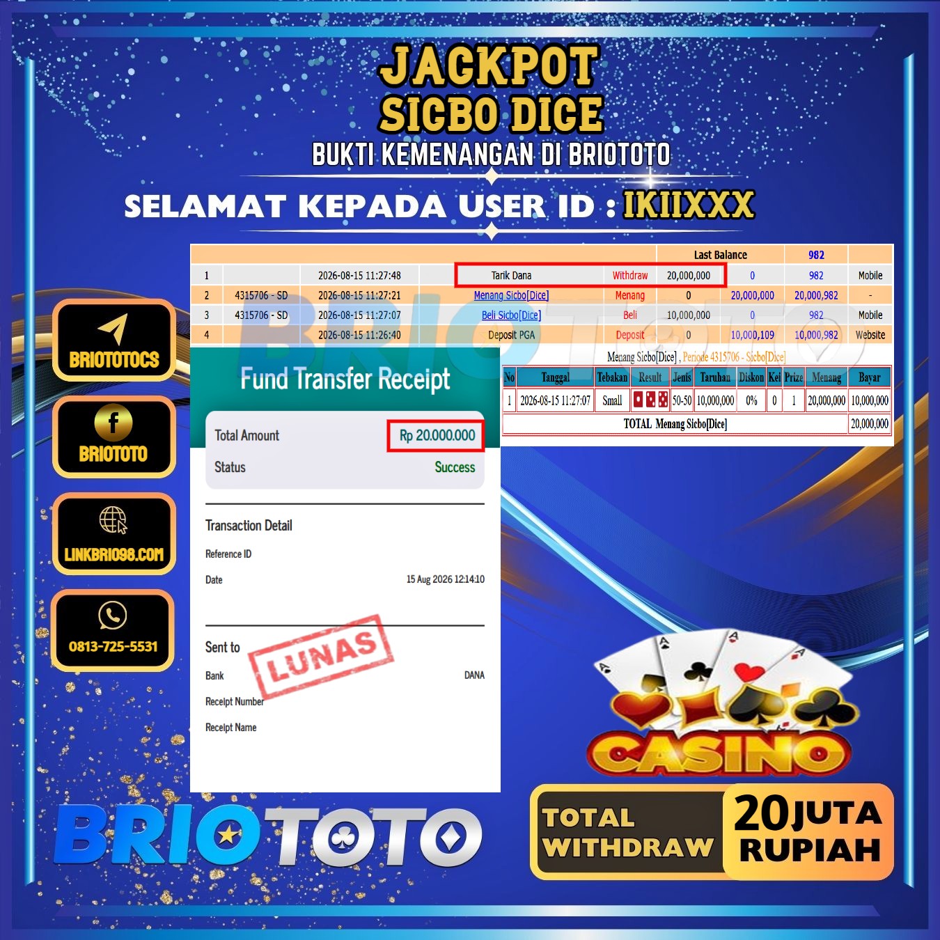 BRIOTOTO JACKPOT LIVE GAME SICBO DICE RP.20.000.000,- LUNAS USER ID : IKII****