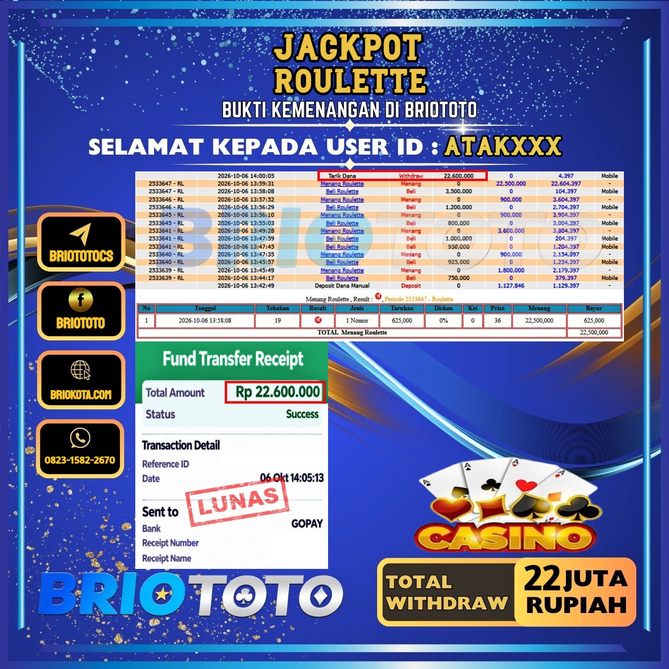 BRIOTOTO JACKPOT LIVE GAME ROULETTE RP.22.000.000,- LUNAS USER ID : ATAK***
