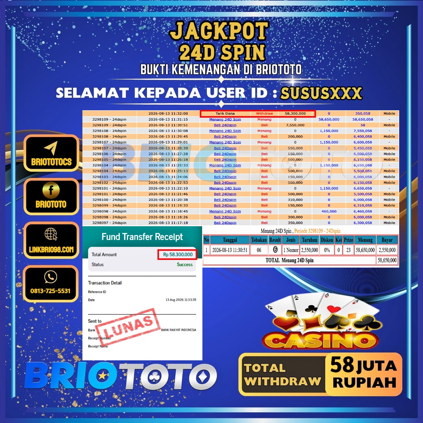 BRIOTOTO JACKPOT LIVE GAME 24D SPIN RP.58.000.000,- LUNAS USER ID : SUSUS***