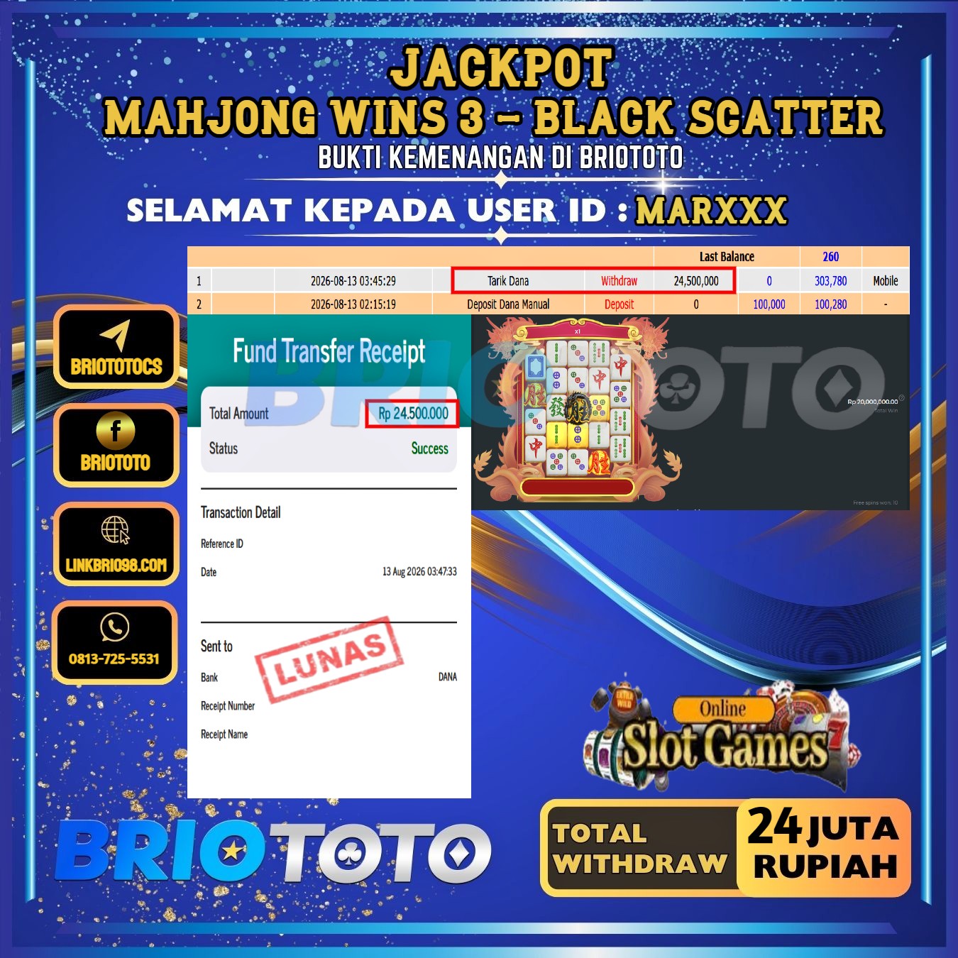 BRIOTOTO JACKPOT SLOT MAHJONG WINS 3 BLACK SCATTER RP.24.000.000,- LUNAS USER ID : MAR***