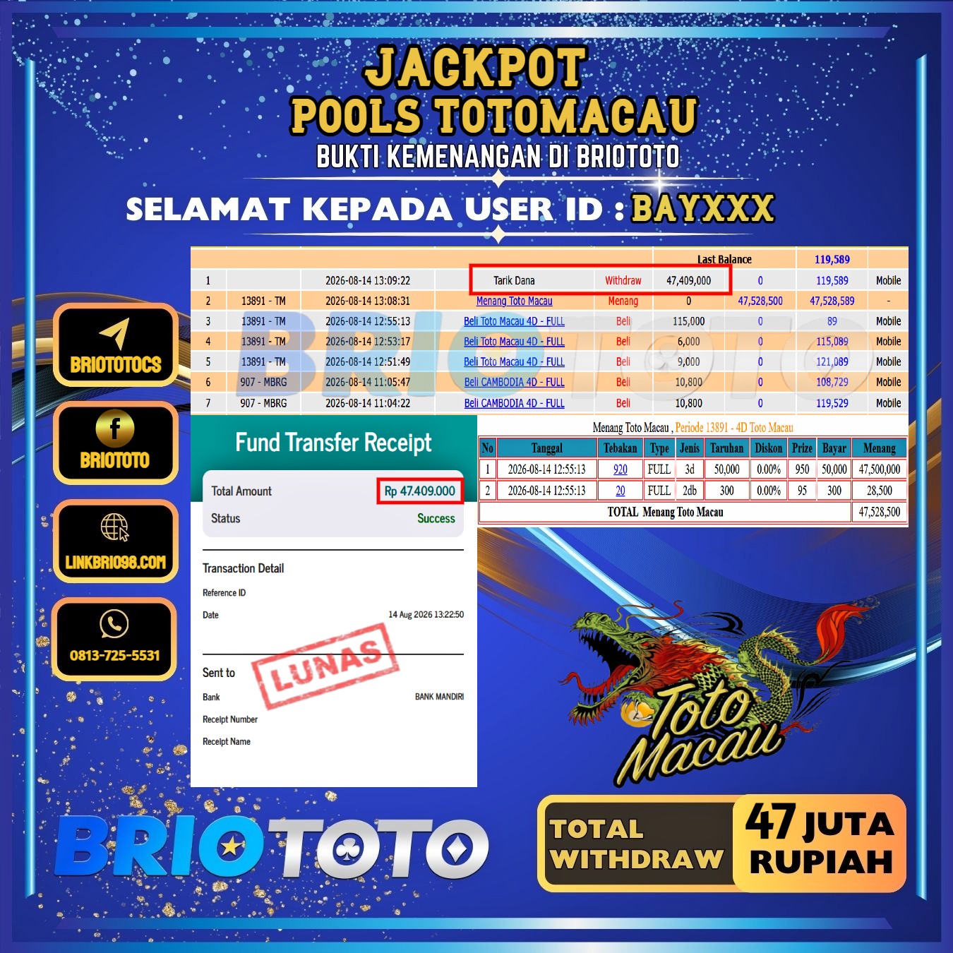 BRIOTOTO JACKPOT TOGEL TOTOMACAU RP.47.000.000,- LUNAS USER ID : BAY***