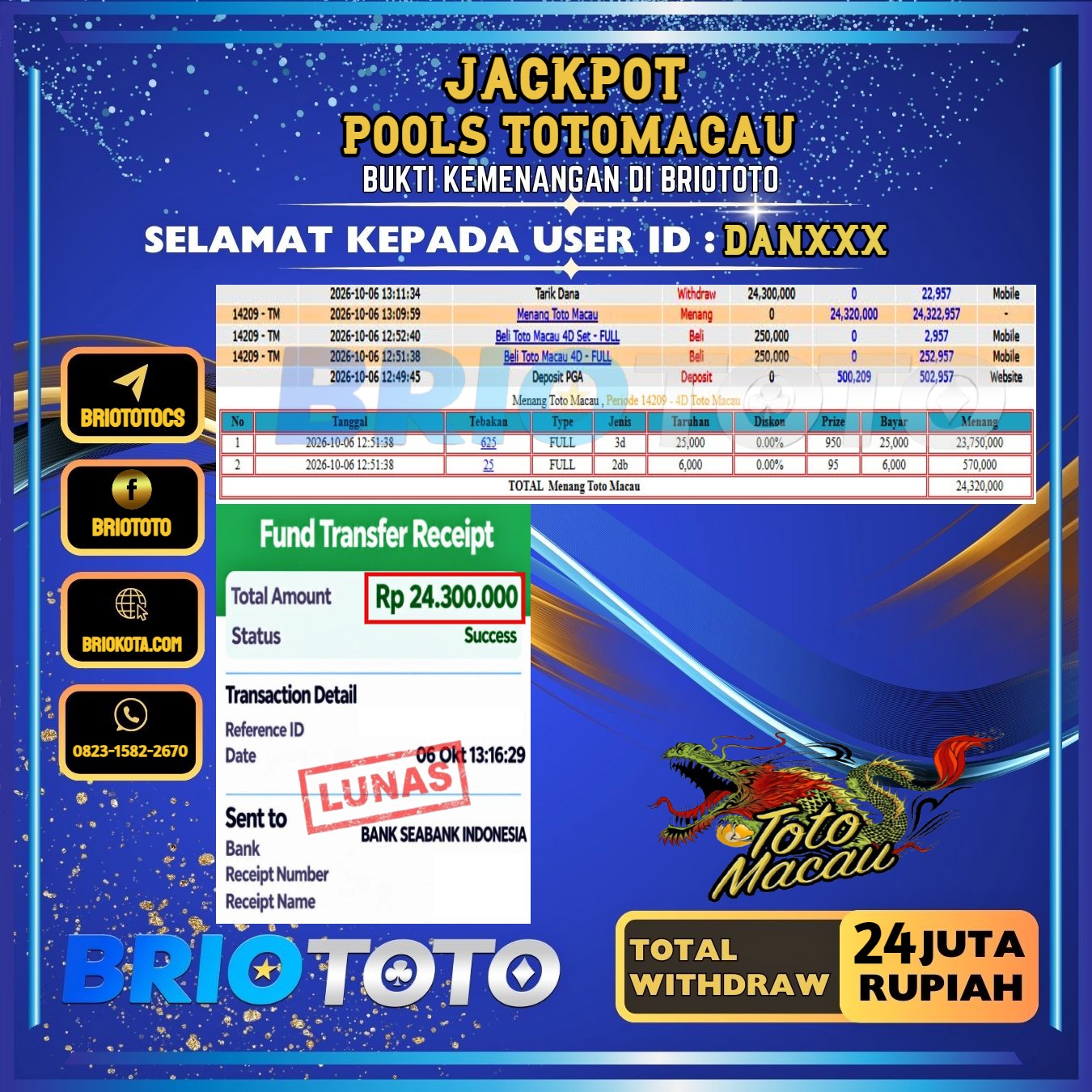 BRIOTOTO JACKPOT TOGEL PASARAN TOTOMACAU RP.24.000.000,- LUNAS USER ID : DAN***
