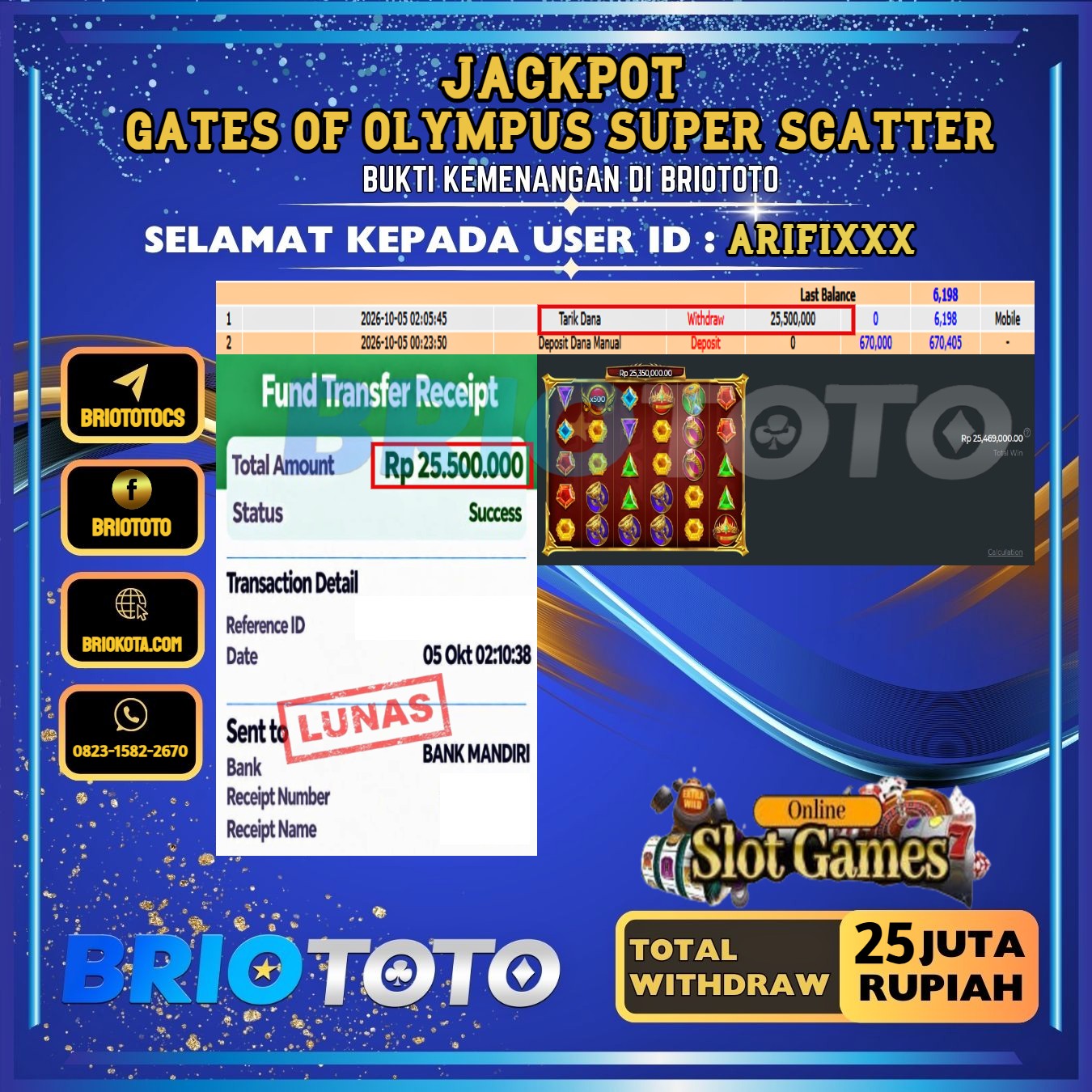 BRIOTOTO JACKPOT SLOT GATES OF OLYMPUS SUPER SCATTER RP.25.000.000,- LUNAS USER ID : ARIFI***