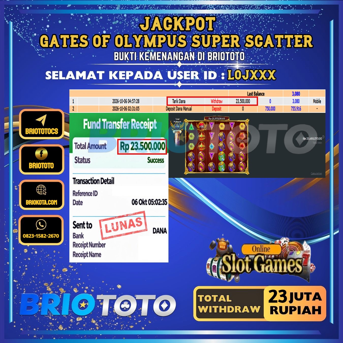 BRIOTOTO JACKPOT SLOT GATES OF OLYMPUS SUPER SCATTER RP.23.000.000,- LUNAS USER ID : LOJ***