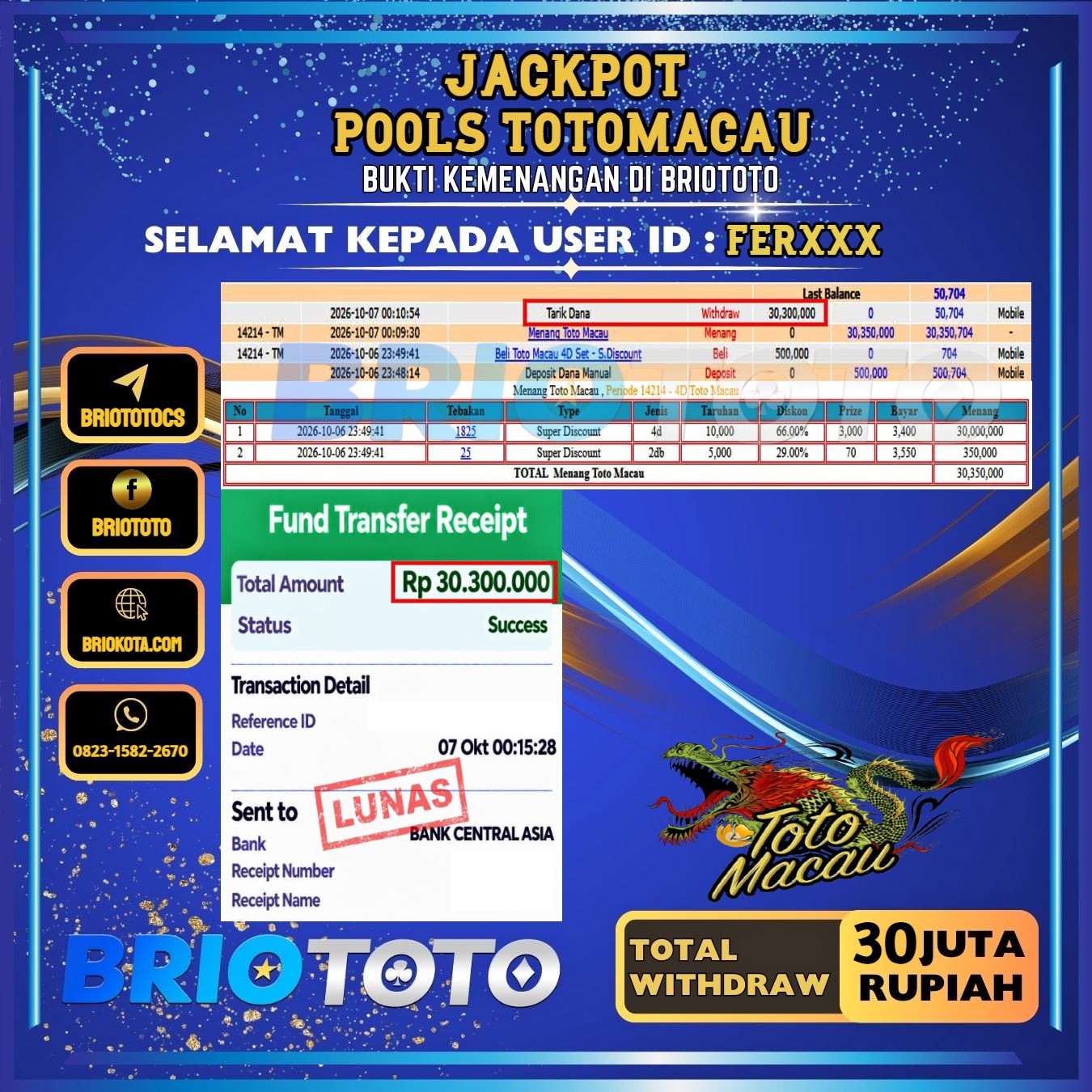 BRIOTOTO JACKPOT TOGEL PASARAN TOTOMACAU RP.30.000.000,- LUNAS USER ID : FER***
