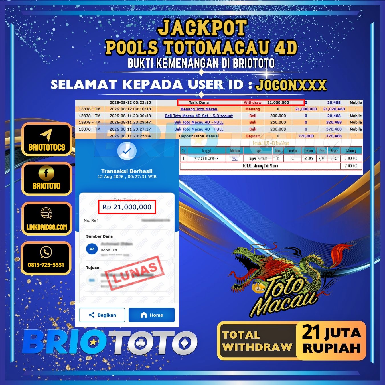 BRIOTOTO JACKPOT LIVE GAME ROULETTE RP.30.000.000,- LUNAS USER ID : IKHSA***