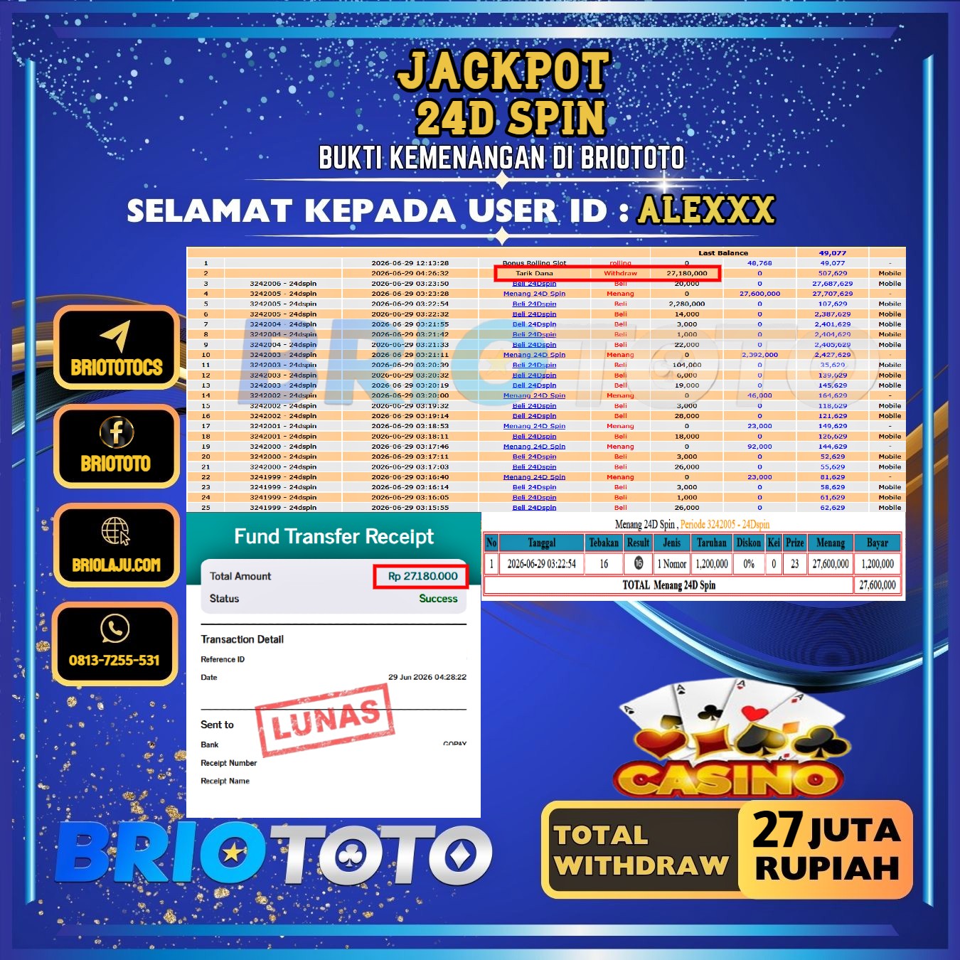 BRIOTOTO JACKPOT LIVE GAME 24D SPIN RP.27.000.000,- LUNAS USER ID : ALE***