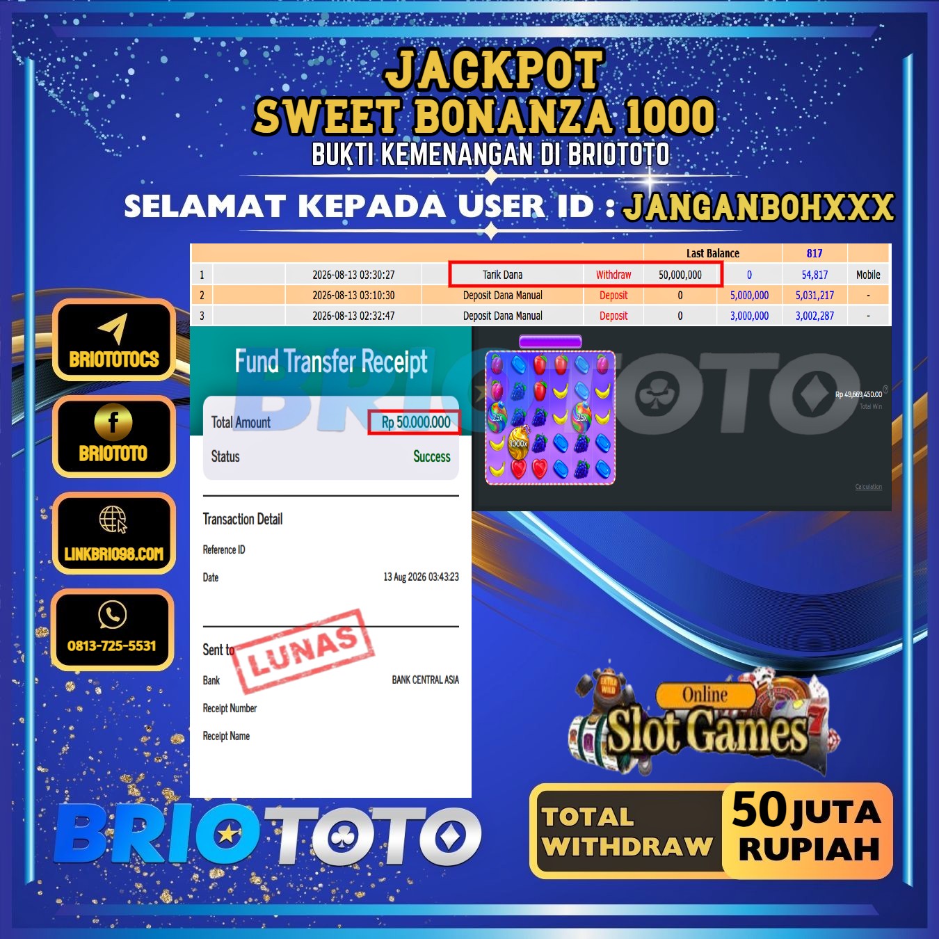 BRIOTOTO JACKPOT SLOT SWEET BONANZA 1000 RP.50.000.000,- LUNAS USER ID : JANGANBOH***