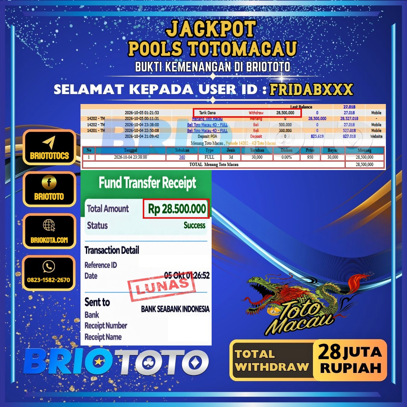 BRIOTOTO JACKPOT TOGEL PASARAN TOTOMACAU RP.28.000.000,- LUNAS USER ID : FRIDAB***