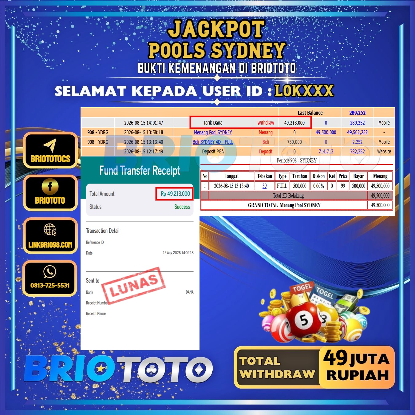 BRIOTOTO JACKPOT TOGEL SYDNEY RP.49.000.000,- LUNAS USER ID : LOK****